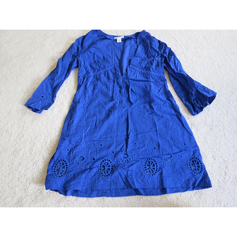 Diane von Furstenberg Blue Cotton Tunic Dress Geometric Eyelet Large